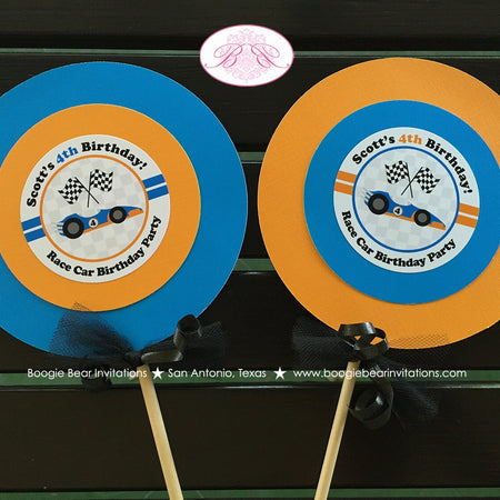 Race Car Birthday Party Centerpiece Set Birthday Blue Orange Circle Boy Girl Drag Racing Modern Pit Crew Boogie Bear Invitations Scott Theme