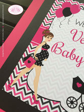 Load image into Gallery viewer, Pink Black Baby Shower Door Banner Party Girl Chevron Modern Chic Ribbon Heart Dot Stroller Boogie Bear Invitations Veronica Theme Printed