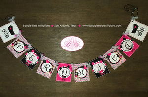 Pink Black Baby Shower Party Name Banner Modern Chic Girl Chevron Dot Ribbon Heart Stroller Boogie Bear Invitations Veronica Theme Printed