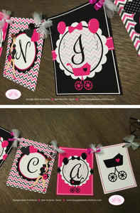 Pink Black Baby Shower Party Name Banner Modern Chic Girl Chevron Dot Ribbon Heart Stroller Boogie Bear Invitations Veronica Theme Printed
