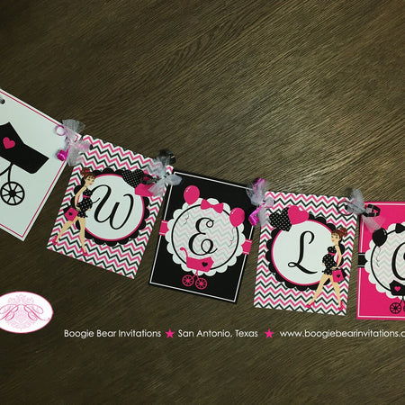 Pink Black Welcome Baby Shower Banner Party Modern Chic Girl Chevron Ribbon Heart Stroller Boogie Bear Invitations Veronica Theme Printed