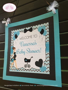 Aqua Blue Black Baby Shower Door Banner Party Modern Chic Boy Girl Teal Turquoise Chevron Dot Boogie Bear Invitations Vanessa Theme Printed