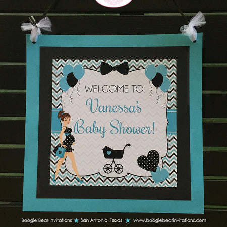 Aqua Blue Black Baby Shower Door Banner Party Modern Chic Boy Girl Teal Turquoise Chevron Dot Boogie Bear Invitations Vanessa Theme Printed