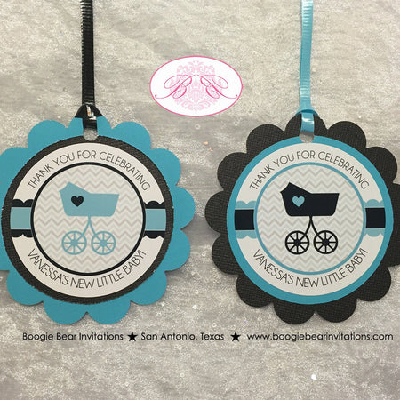 Aqua Blue Black Baby Shower Favor Tags Party Chevron Modern Chic Boy Girl Teal Turquoise Chevron Heart Boogie Bear Invitations Vanessa Theme