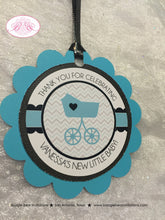 Load image into Gallery viewer, Aqua Blue Black Baby Shower Favor Tags Party Chevron Modern Chic Boy Girl Teal Turquoise Chevron Heart Boogie Bear Invitations Vanessa Theme