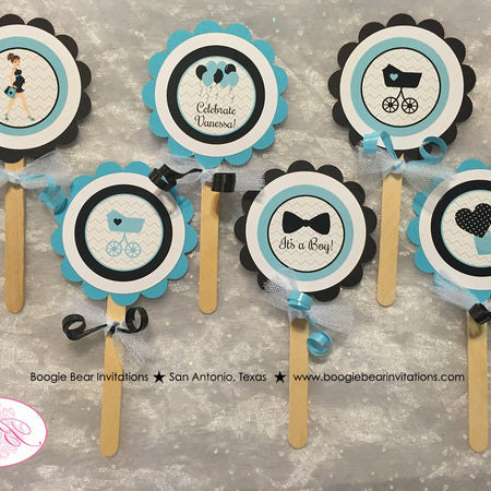 Aqua Blue Black Cupcake Toppers Baby Shower Chevron Modern Chic Boy Girl Teal Turquoise Chevron Dot Boogie Bear Invitations Vanessa Theme
