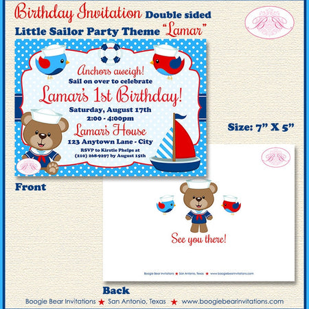Nautical Sailor Birthday Party Invitation Boy Girl Red Blue Bird Sail Boat Boogie Bear Invitations Lamar Theme Paperless Printable Printed