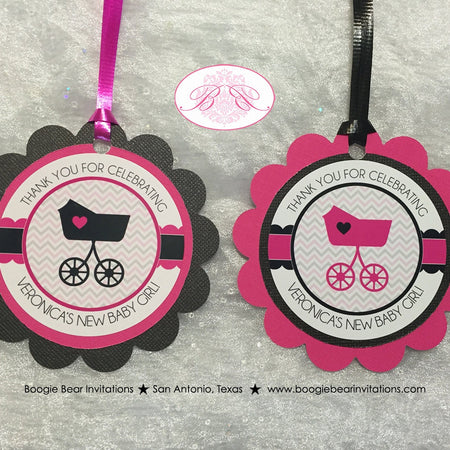 Pink Black Baby Shower Favor Tags Party Chevron Modern Chic Boy Girl Scallop Ribbon Heart Stroller Boogie Bear Invitations Veronica Theme