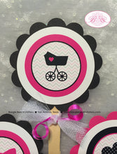 Load image into Gallery viewer, Pink Black Baby Shower Cupcake Toppers Party Chevron Modern Chic Girl Scallop Ribbon Heart Stroller Boogie Bear Invitations Veronica Theme