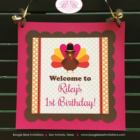 Pink Turkey Birthday Party Door Banner Little Girl Fall Orange Thanksgiving Little Bird Gobble Boogie Bear Invitations Riley Theme