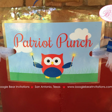 4th of July Owls Party Beverage Card Birthday Drink Label Wraps Fireworks Boy Girl Independence Day Boogie Bear Invitations Blakeley Theme
