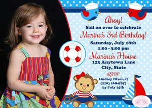 Sailor Monkey Girl Birthday Photo Party Invitation Red Blue Sail Boat Ocean Boogie Bear Invitations Marina Theme Paperless Printable Printed