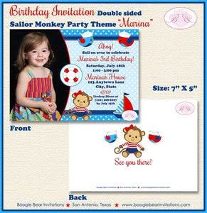 Sailor Monkey Girl Birthday Photo Party Invitation Red Blue Sail Boat Ocean Boogie Bear Invitations Marina Theme Paperless Printable Printed