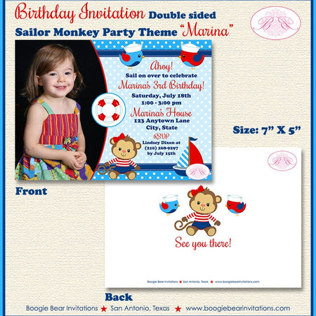 Sailor Monkey Girl Birthday Photo Party Invitation Red Blue Sail Boat Ocean Boogie Bear Invitations Marina Theme Paperless Printable Printed