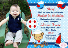 Load image into Gallery viewer, Sailor Monkey Boy Birthday Photo Party Invitation Red Blue Boat Nautical Boogie Bear Invitations Marlin Theme Paperless Printable Printed