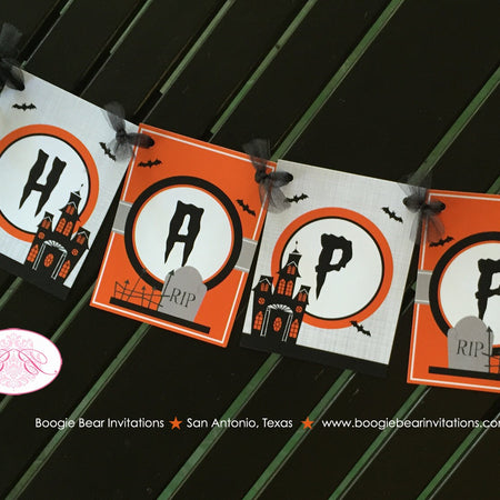 Haunted House Happy Halloween Party Banner Full Moon Haunting Orange Fall Bats Black Bat Graveyard Boogie Bear Invitations Hitchcock Theme