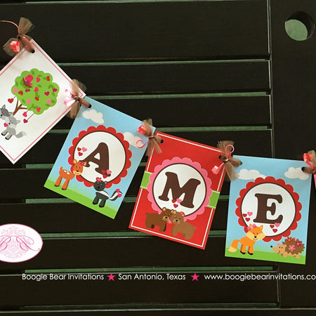 Valentine's Day Party Name Banner Birthday Woodland Animals Forest Creatures Picnic Heart Love Red Pink Boogie Bear Invitations Amelie Theme