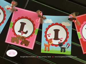 Valentine's Day Party Name Banner Birthday Woodland Animals Forest Creatures Picnic Heart Love Red Pink Boogie Bear Invitations Amelie Theme