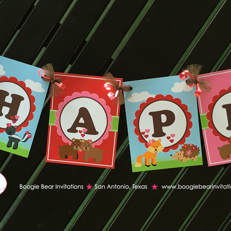 Valentine's Day Happy Birthday Banner Party Woodland Animals Forest Creatures Bear Skunk Fox Bird Tree Boogie Bear Invitations Amelie Theme