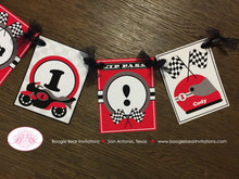 Load image into Gallery viewer, Motorcycle Birthday I am 1 Highchair Banner Party Red Black Track Driver Speed Racing Stripe Boy Girl 1st Boogie Bear Invitations Cody Theme