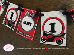 Motorcycle Birthday I am 1 Highchair Banner Party Red Black Track Driver Speed Racing Stripe Boy Girl 1st Boogie Bear Invitations Cody Theme