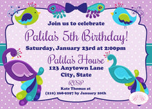 Load image into Gallery viewer, Peacock Bird Birthday Party Invitation Purple Teal Aqua Turquoise Blue Bird Boogie Bear Invitations Palila Theme Paperless Printable Printed