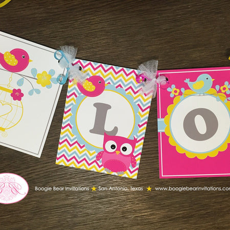 Yellow Pink Blue Owl Baby Shower Banner Name Little Boy Girl Bird Party Forest Grey Woodland Boogie Bear Invitations Lola Theme Printed