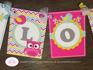 Yellow Pink Blue Owl Baby Shower Banner Name Little Boy Girl Bird Party Forest Grey Woodland Boogie Bear Invitations Lola Theme Printed