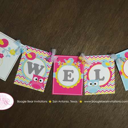 Yellow Pink Blue Welcome Baby Shower Banner Birds Owls Little Boy Girl Party Forest Grey Chevron Boogie Bear Invitations Lola Theme Printed