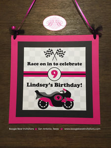 Pink Motorcycle Party Door Banner Birthday Driver Black Enduro Motocross Retro Bike Racing Race Bike Boogie Bear Invitations Lindsey Theme