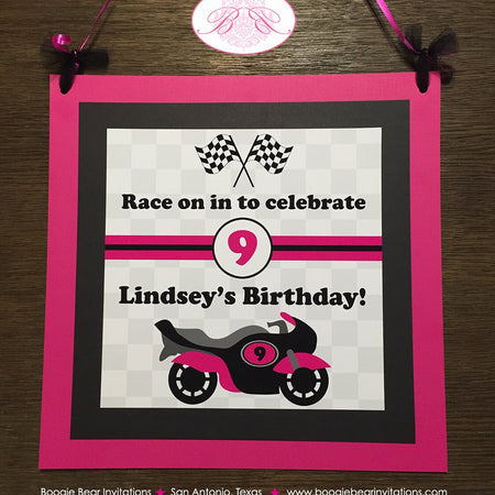 Pink Motorcycle Party Door Banner Birthday Driver Black Enduro Motocross Retro Bike Racing Race Bike Boogie Bear Invitations Lindsey Theme