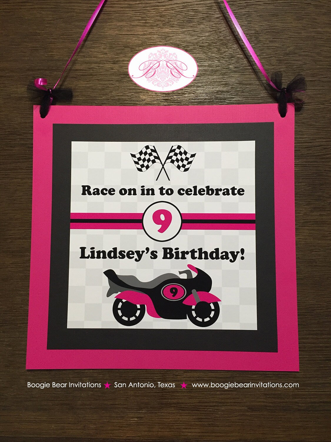 Pink Motorcycle Party Door Banner Birthday Driver Black Enduro Motocross Retro Bike Racing Race Bike Boogie Bear Invitations Lindsey Theme