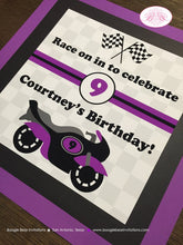 Load image into Gallery viewer, Purple Motorcycle Party Door Banner Birthday Black Motocross Enduro Retro Bike Racing Checkered Flag Boogie Bear Invitations Courtney Theme