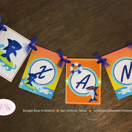 Surfer Shark Birthday Party Name Banner Ocean Swimming Beach Swim Pool Tropical Surf Island Boy Girl Boogie Bear Invitations Xander Theme