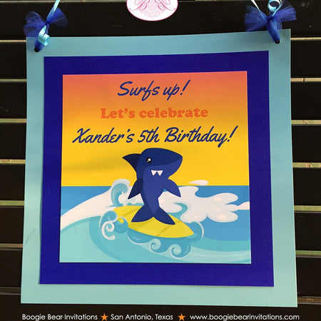 Surfer Shark Birthday Party Door Banner Beach Ocean Swimming Boy Girl Tropical Surfing Pool Surf Board Boogie Bear Invitations Xander Theme