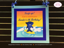 Load image into Gallery viewer, Surfer Shark Birthday Party Door Banner Beach Ocean Swimming Boy Girl Tropical Surfing Pool Surf Board Boogie Bear Invitations Xander Theme