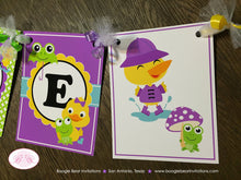 Load image into Gallery viewer, Frog Duck Birthday Party Name Banner Purple Girl Spring Flower Gardening Green Pond Puddle Splash Kid Boogie Bear Invitations Charlene Theme