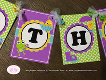 Load image into Gallery viewer, Frog Duck Happy Birthday Party Banner Girl Purple Spring Flower Gardening Green Garden Rain Showers Boogie Bear Invitations Charlene Theme