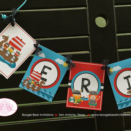 Viking Warrior Birthday Party Name Banner Boy Girl Ocean Set Sail Ship Boat Swim Swimming Norse Fighter Boogie Bear Invitations Eric Theme