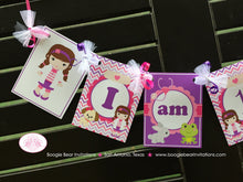 Load image into Gallery viewer, Vet Doctor Girl Highchair I am 1 Banner Birthday Party Animals Hospital Emergency Nurse ER Pink Purple Boogie Bear Invitations Catrice Theme