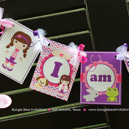 Vet Doctor Girl Highchair I am 1 Banner Birthday Party Animals Hospital Emergency Nurse ER Pink Purple Boogie Bear Invitations Catrice Theme