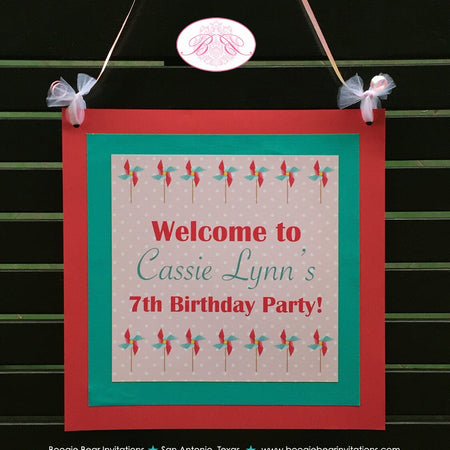 Pink Pinwheel Party Door Banner Birthday Girl Retro Teal Turquoise Aqua Spin Polka Dot Vintage Summer Boogie Bear Invitations Cassie Theme