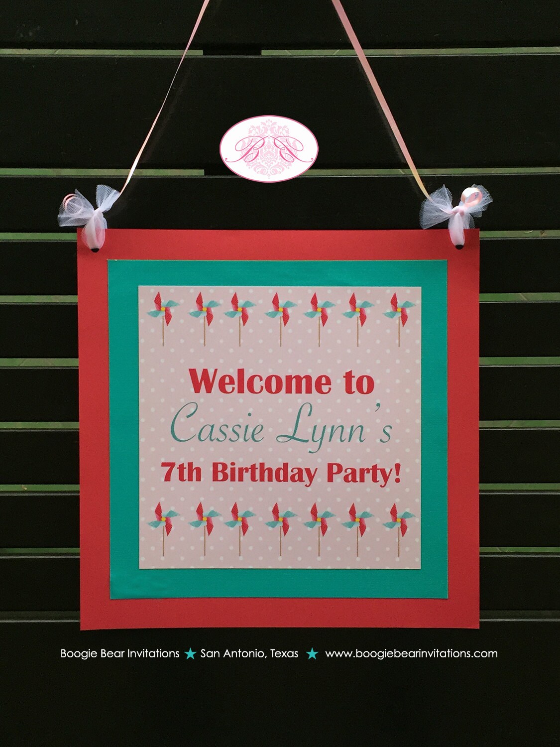 Pink Pinwheel Party Door Banner Birthday Girl Retro Teal Turquoise Aqua Spin Polka Dot Vintage Summer Boogie Bear Invitations Cassie Theme