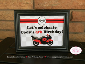Motorcycle Birthday Party Sign Poster Red Black Frameable Boy Girl Enduro Motocross Grand Prix Racing Boogie Bear Invitations Cody Theme