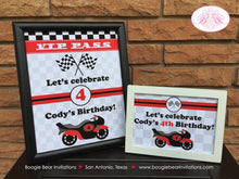 Load image into Gallery viewer, Motorcycle Birthday Party Sign Poster Red Black Frameable Boy Girl Enduro Motocross Grand Prix Racing Boogie Bear Invitations Cody Theme