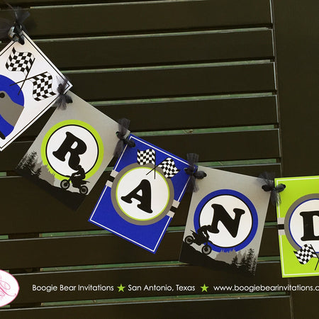 Dirt Bike Birthday Party Name Banner Blue Lime Green Boy Girl Racing Race Track Motocross Enduro Boogie Bear Invitations Randall Theme