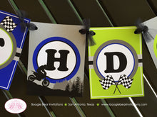 Load image into Gallery viewer, Dirt Bike Happy Birthday Party Banner Blue Lime Green Boy Girl Enduro Motocross Motorcycle Racing Race Boogie Bear Invitations Randall Theme