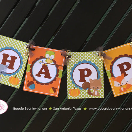 Fall Woodland Animals Happy Birthday Banner Party Owl Squirrel Fox Forest Animal Pumpkin Autumn Boy Girl Boogie Bear Invitations Asher Theme