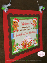 Load image into Gallery viewer, Gingerbread Boy Party Door Banner Birthday Red Green Lollipop Snowflake Candy Snow Ginger Bread House Boogie Bear Invitations Hansel Theme