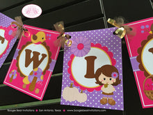 Load image into Gallery viewer, Twin Girls Woodland Birthday Party Banner Harvest Forest Pumpkin Bird Fall Autumn Country Pink Purple Boogie Bear Invitations Ivy Izzy Theme